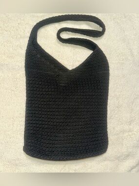 Vintage 90s Jacqueline Ferrar Black Crochet Hobo Bag Knit Woven Shoulder Purse